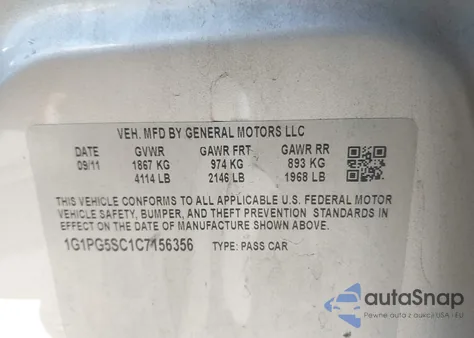 2012 Chevrolet Cruze 2Lt из США, поврежденный, VIN 1G1PG5SC1C7156356